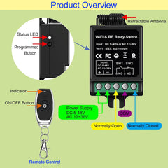 Wireless Remote Dry Contact Switch, Wi-Fi & RF Control, DC 5-48V