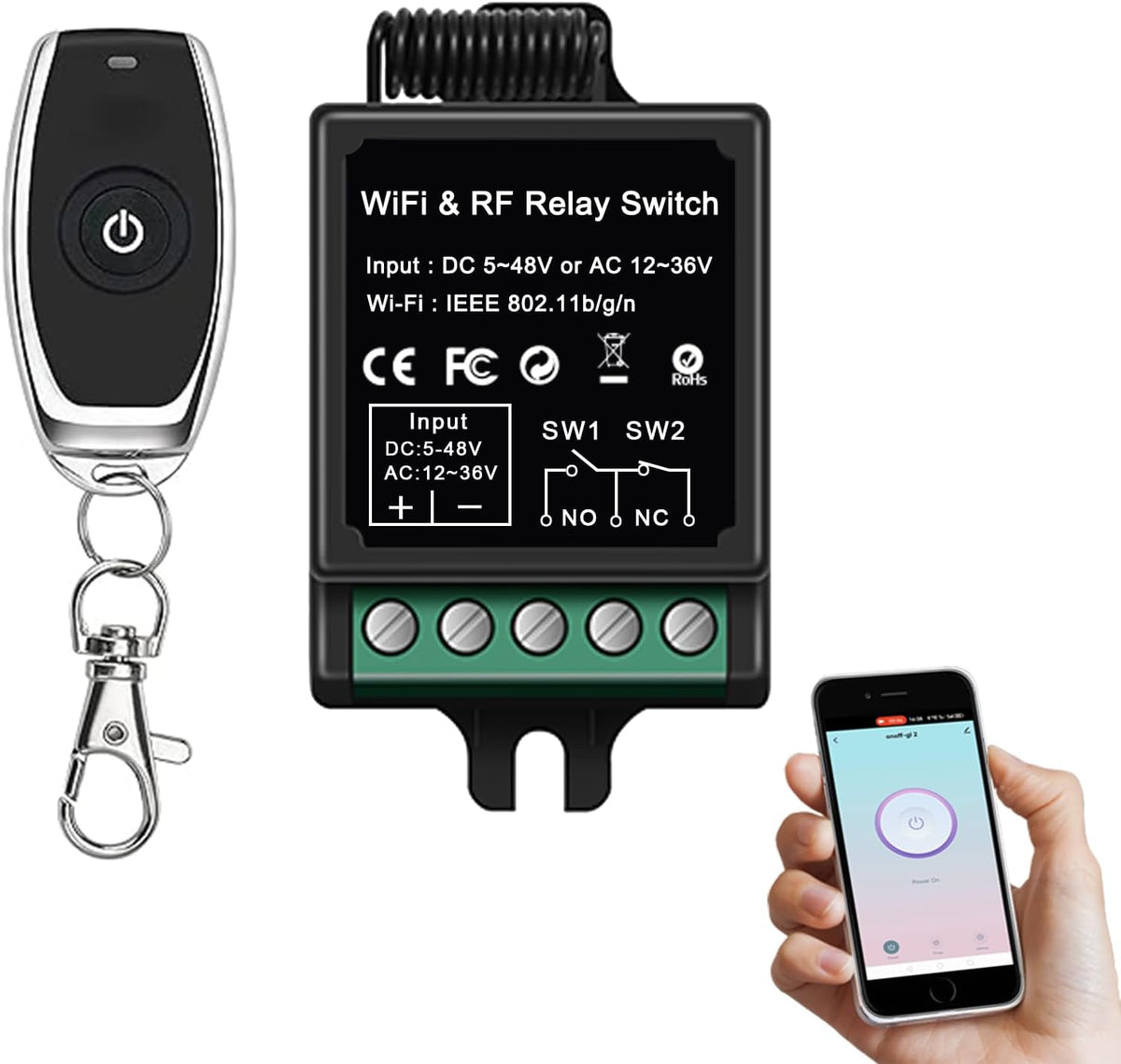 Wireless Remote Dry Contact Switch, Wi-Fi & RF Control, DC 5-48V