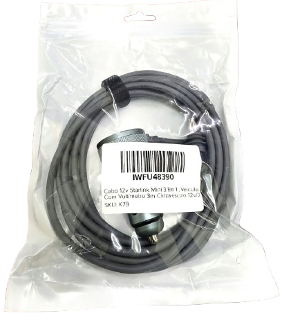 A coiled gray cable inside a clear plastic retail bag with a white barcode label reading INFU48390.
